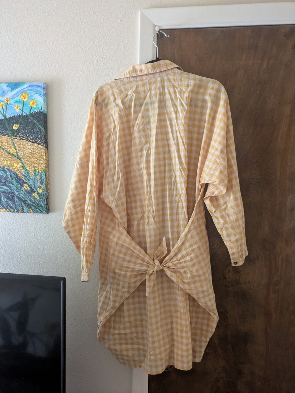 acacia swimwear Yellow Gingham Button-Down Shirt with Back Tie